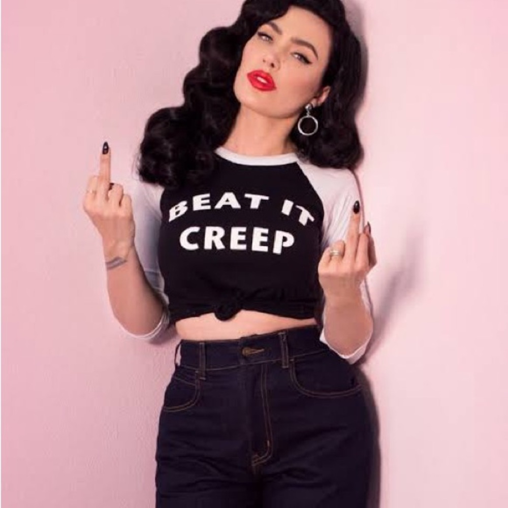 Vixen by Micheline Pitt Crybaby Beat it creep baseball ringer tee M/L rare